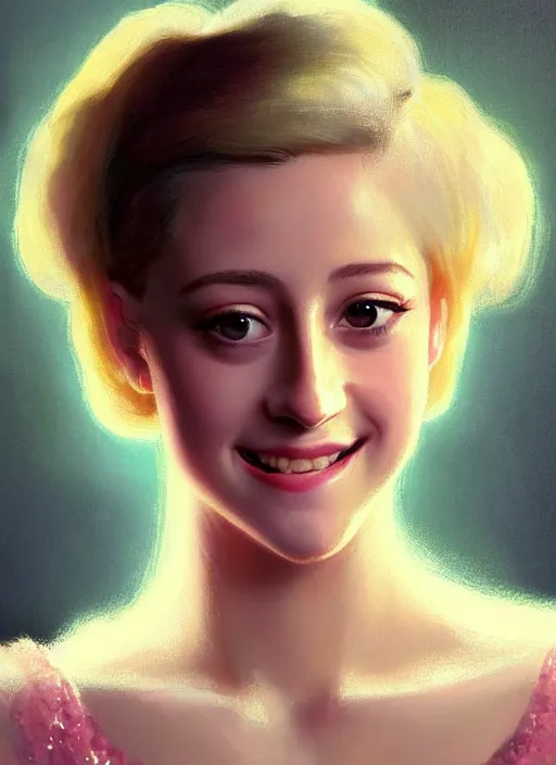 Image similar to portrait of lili reinhart with fluffy bangs, smiling kindly, bangs, 1 9 6 0 s, ponytail, curly bangs and ponytail, rounder face, intricate, elegant, glowing lights, highly detailed, digital painting, artstation, concept art, smooth, sharp focus, illustration, art by wlop, mars ravelo and greg rutkowski