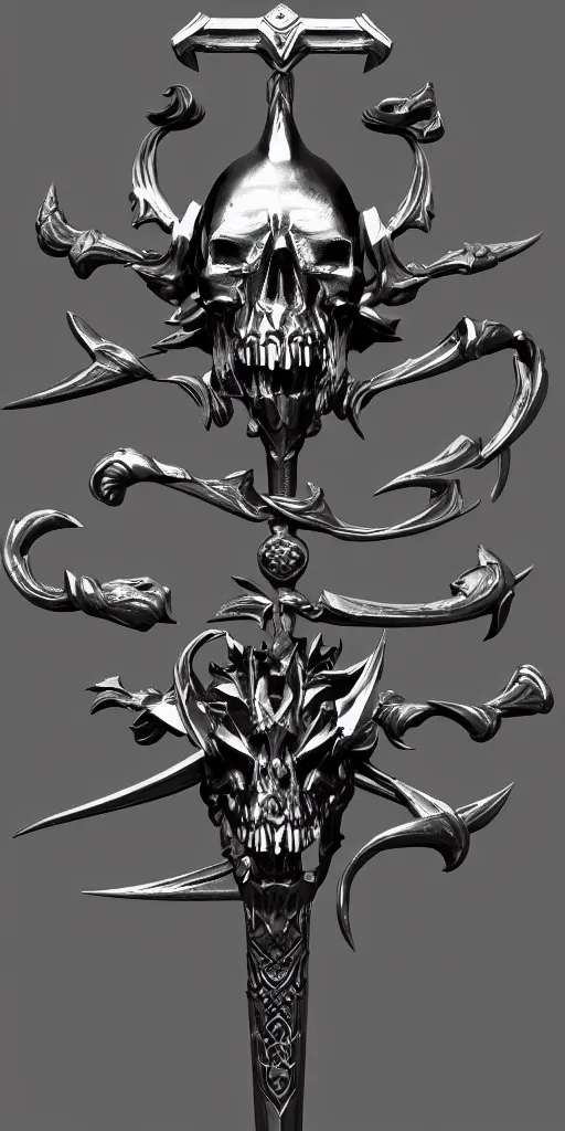 Image similar to a black and silver sword skull crest, ornament, weapon, a 3 d render by dom qwek, front side, concept art, trending on polycount, artstation, hard surface modeling, rendered in maya, zbrush, hd, vray, blizzard, symmetry