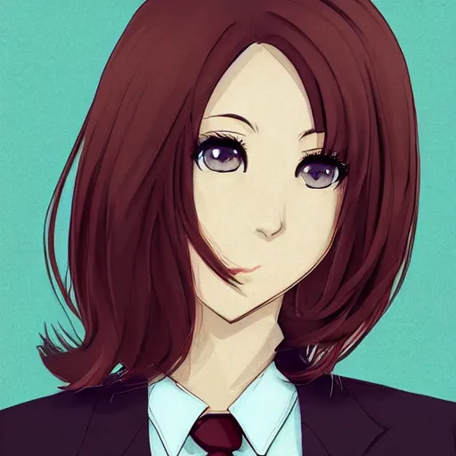 Prompt: woman in business suit, brown neat hair, animesque, pixiv, fanbox, trending on artstation, portrait, modern, sleek, highly detailed, formal, serious, determined, competent, colorized, smooth, charming, pretty, safe for work, big gooba