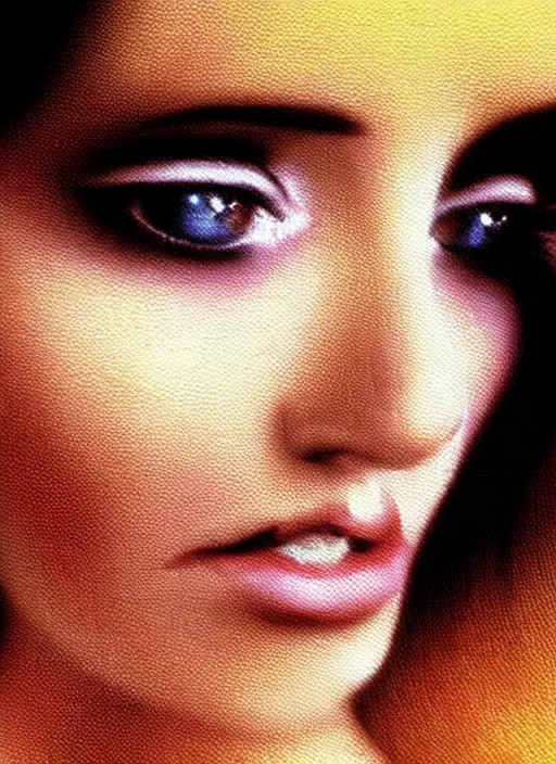 Prompt: pixel art from the film still from a 1971 award-winning Italian film of a young Mexican woman with brunette looking at the camera while in a swirling alternate reality. close-up of face with smokey eyeshadow. soft detailed painting at 16K resolution and amazingly epic visuals. epically beautiful image. amazing effect, image looks gorgeously crisp as far as it's visual fidelity goes, absolutely outstanding. vivid clarity. ultra detail. iridescent. mind-breaking. mega-beautiful pencil shadowing. beautiful face. Ultra High Definition. soft shading. soft texture. intensely beautiful.