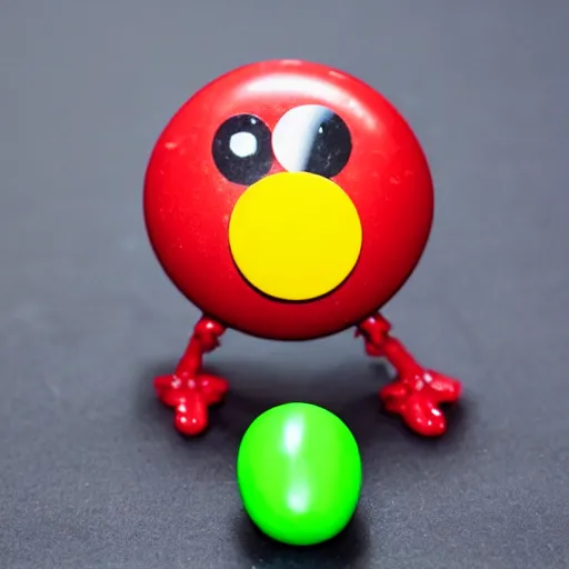 Image similar to a single red m & m candy with arms and legs, a red sphere