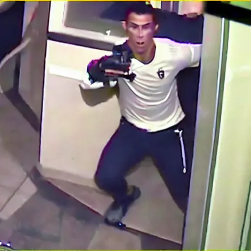 Image similar to security camera footage of cristiano ronaldo robbing a bank, he is holding a gun