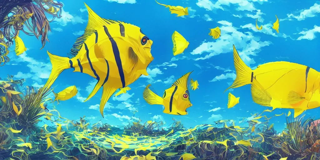 Image similar to giant yellow angelfish swimming through a sea made of big puffy clouds, large polygonal background elements, large polygons, dramatic anime, dramatic lighting, artgerm, manga, trending on artstation, art nouveau, mature colors