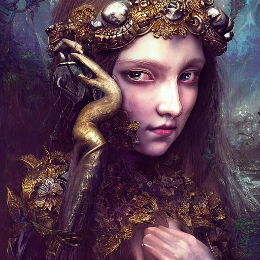 Image similar to A masterpiece ultrarealistic ultradetailed portrait of a Incredibly beautiful angel princess with Skull Iron mask. baroque renaissance girl in the night forest. medium shot, intricate, elegant, highly detailed. trending on artstation, digital art, by Stanley Artgerm Lau, WLOP, Rossdraws, James Jean, Andrei Riabovitchev, Marc Simonetti, Yoshitaka Amano. background by James Jean and Gustav Klimt, light by Julie Bell, 4k, porcelain skin.