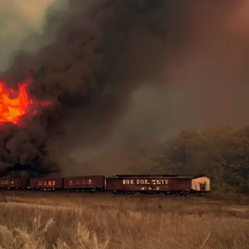 Prompt: trainwreck, boxcar on fire, atmospheric and depressed, post-apocalyptic, Cinematic, film still from a horror movie