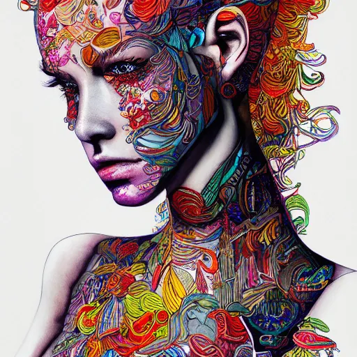 Image similar to the portrait of an unbelievably beautiful and sophisticated teen woman made up of peppers, an ultrafine detailed illustration by james jean, intricate linework, bright colors, final fantasy, behance contest winner, vanitas, angular, altermodern, unreal engine 5 highly rendered, global illumination, radiant light, detailed and intricate environment