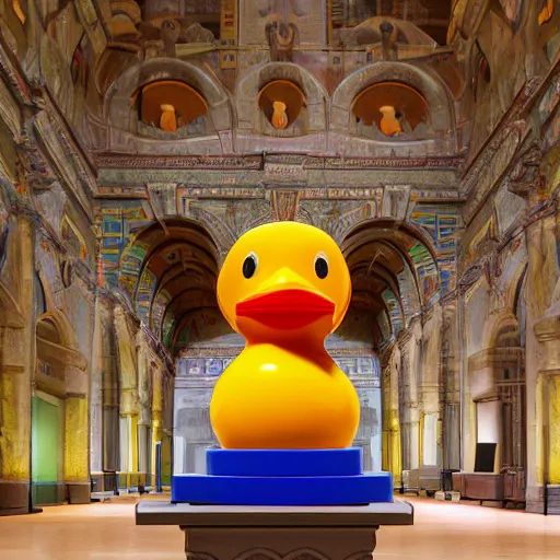 Image similar to wide shot, one! photorealistic rubber duck in foreground on a pedestal in an cavernous museum, the walls are covered floor to ceiling with colorful geometric wall paintings in the style of sol lewitt, tall arched stone doorways, through the doorways are more mural paintings in the style of sol lewitt.