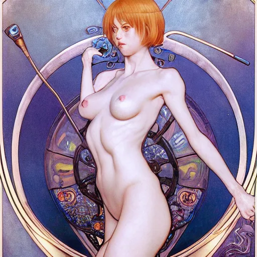 Image similar to Rei Ayanami with blue short hair drawn by Donato Giancola and Tom Bagshaw, face by Artgerm, overall design by Alphonse Mucha, background by James Jean and Gustav Klimt, light by Julie Bell, 4k, porcelain skin, komorebi, french nouveau, trending on artstation, octane render, hyperrealistic