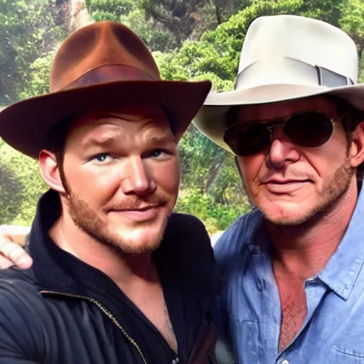 Image similar to chris pratt as indiana jones taking a selfie with harrison ford, instagram, cinematic, natural lighting, genuine smile