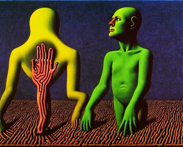 Prompt: learning to be dead by Magritte, Beksinski, and Keith Haring