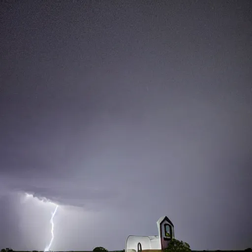 Prompt: massive australian thunderstorm with lightning and demons approaching a small white wooden church in the outback