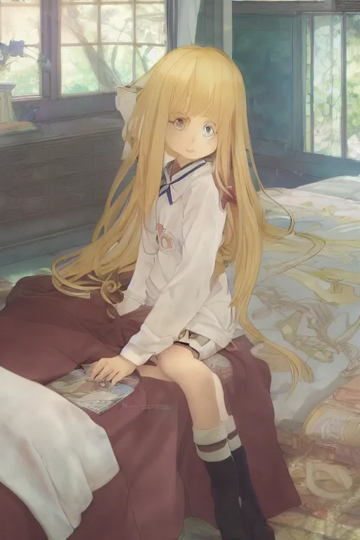 Prompt: a masterpiece digital art of a loli with blonde long hair in a jk uniform outfit in bedroom in after noon, by krenz cushart and mucha and akihito yoshida and greg rutkowski and makoto shinkai, detailed eyes, 4 k resolution 、 trending on art station