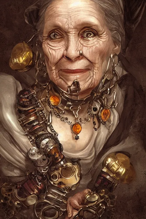 Prompt: portrait, headshot, digital painting, of a old 17th century, old lady cyborg merchant, amber jewels, techno circuit tatoos, baroque, ornate clothing, scifi, futuristic, realistic, hyperdetailed, chiaroscuro, concept art, art by Waterhouse