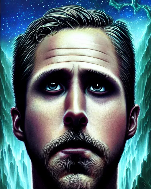 Prompt: lovecraft biopunk portrait of ryan gosling by tomasz alen kopera and peter mohrbacher.