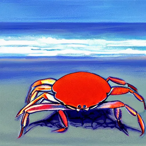 Image similar to crab on beach on sand, sea in the background, sun is shining, art by disney