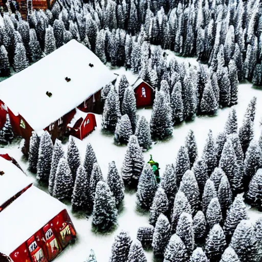 Prompt: a christmas village, aerial view, snowing, pine trees, victorian era