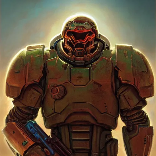 Prompt: Doomguy Doom Eternal, detailed, centered, digital painting, artstation, concept art, donato giancola, Joseph Christian Leyendecker, WLOP, Boris Vallejo, Breathtaking, 8k resolution, extremely detailed, beautiful, establishing shot, artistic, hyperrealistic, beautiful face, octane render, cinematic lighting, dramatic lighting, masterpiece