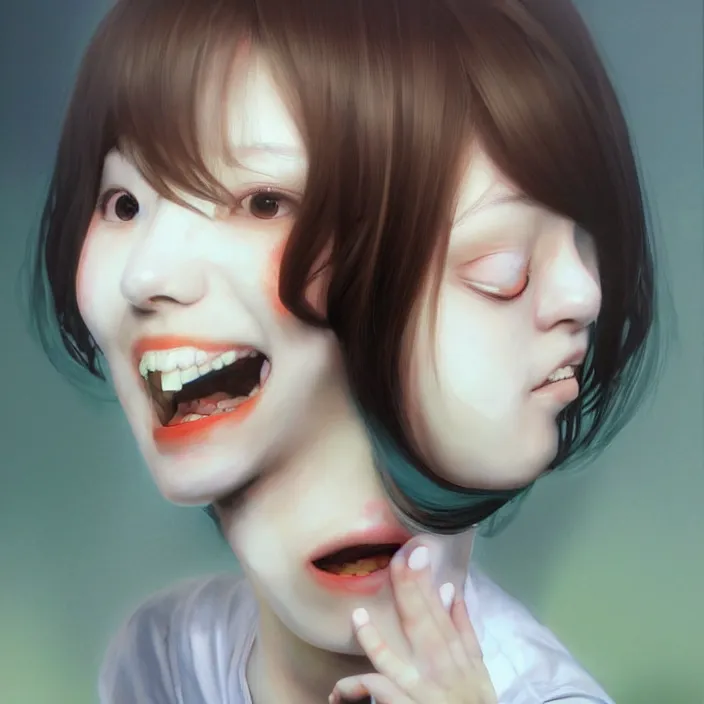 Prompt: nice quality and nice everything painting of a nice portrait of the popular girl at the psych ward laughing at the viewer, by Katsuhiro Otomo, Yoshitaka Amano, Nico Tanigawa, and Artgerm rendered with 3D effect.