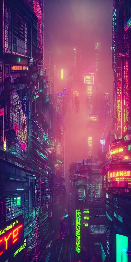 Prompt: Large cyberpunk skyscraper forest, other smaller buildings, colourful neon signs, streets filled with people, octane render, foggy atmosphere, style of Blade Runner
