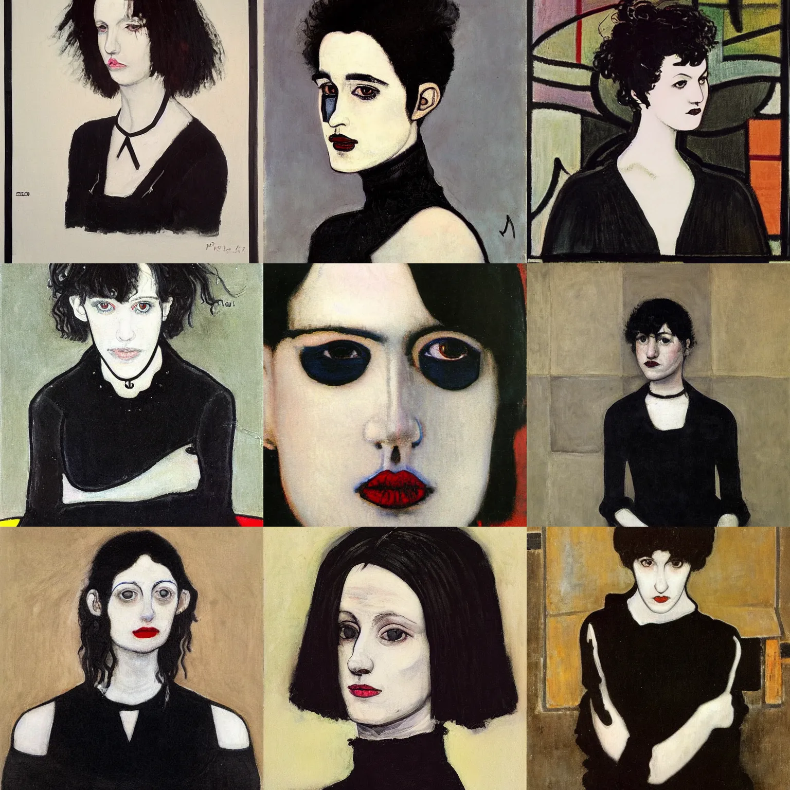 Prompt: A goth portrait painted by Piet Mondrian. Her hair is dark brown and cut into a short, messy pixie cut. She has a slightly rounded face, with a pointed chin, large entirely-black eyes, and a small nose. She is wearing a black tank top, a black leather jacket, a black knee-length skirt, a black choker, and black leather boots.