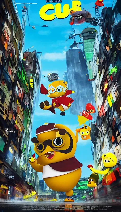 Prompt: giant pororo attacking city in style of 1 9 6 0 s science fiction movie poster, trending on artstation