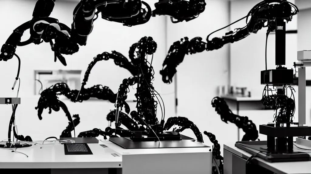 Image similar to a complex bifurcated robotic cnc surgical arm hybrid mri 3 d printer machine making black and white ceramic mutant forms in the laboratory inspection room, film still from the movie directed by denis villeneuve with art direction by salvador dali, wide lens