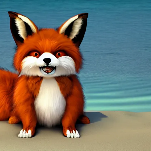 Image similar to a photorealistic adorable fierce furry monster with long fur long floppy rabbit ears chubby body and fox body and wolf legs with thick stubby claws, fox colored fur, grinning at the camera showing sharp teeth, with a mischievous grin, happy lighting, at a tropical beach