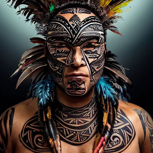 Image similar to editorial full body photo portrait of enormous Maori warrior with a mace and glowing tribal futuristic tattoos on his face, warrior body, feathers and paint, photo by mario testino, cinematic, hyper detailed, micro details, insanely detailed, trending on artstation,dark background, dramatic lighting, cinematic angle, concept art, insanely detailed and intricate