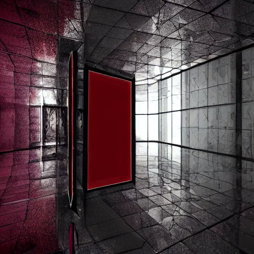 Image similar to dark matter red art house future schizophrenia limbo hipper reflection in the mirror room stratification of consciousness full HD 8K resolution