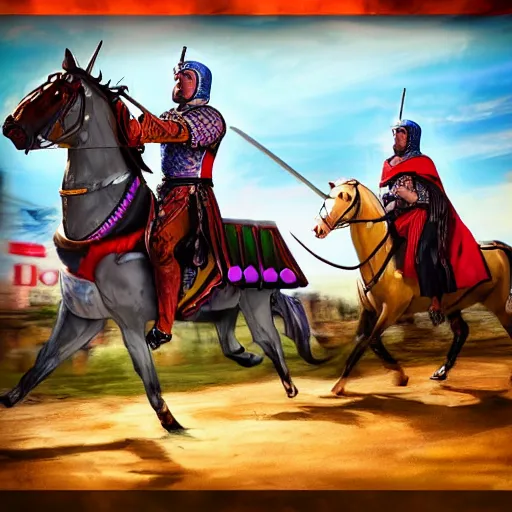 Image similar to medieval jousting tournament featuring saul goodman from breaking bad, photorealistic, trending on artstation, neon colours, over saturated colours,