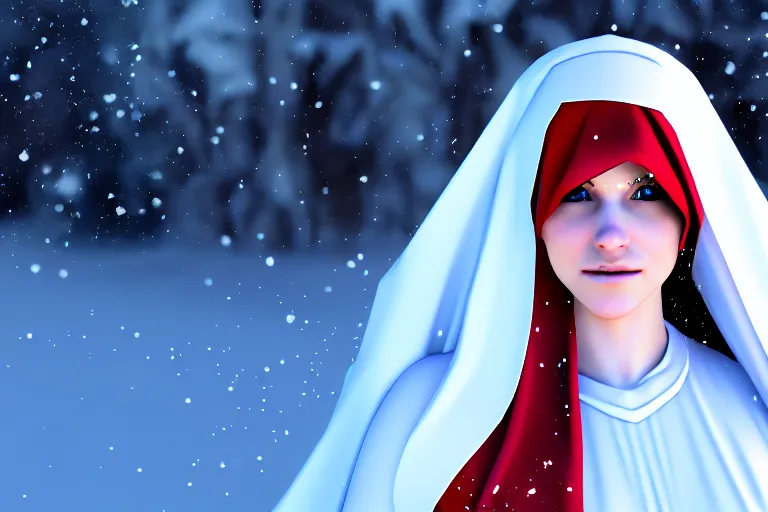 Image similar to virgin mary cosplay, beautiful face, north pole, blizzard, artstation, 4 k, proper body build, good light