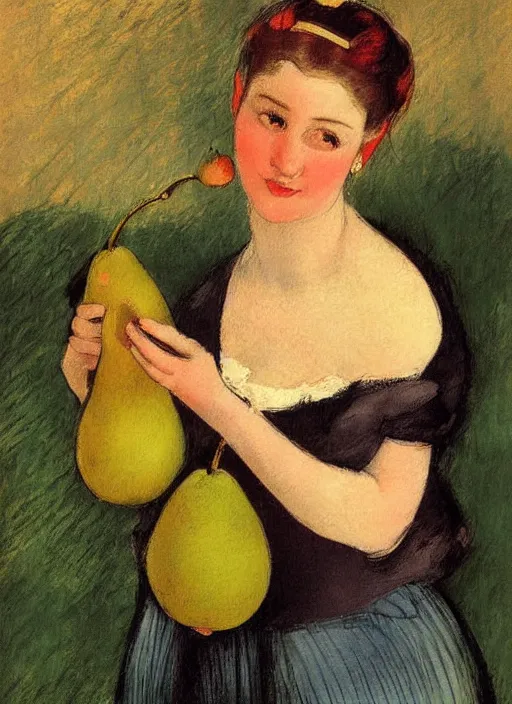 Prompt: vintage beautiful painting of a woman holding a pear in a winter colour themed palette in Mary Cassatt style
