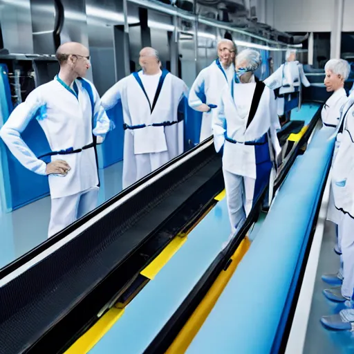 Image similar to group of identical athletic humans with light blue neoprene suits and white hair standing in a line on a conveyor belt, background of advanced futuristic laboratory, sci - fi, highly detailed, hyperrealistic