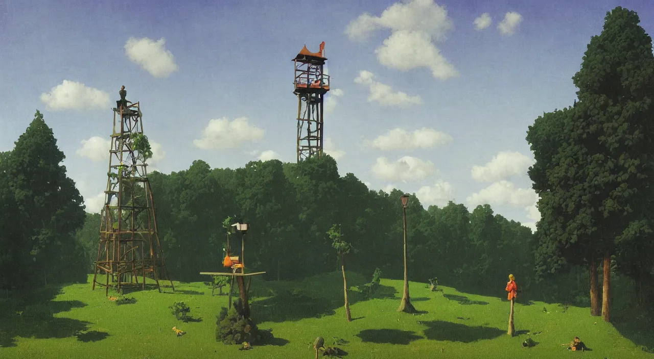 Prompt: single flooded simple wooden green tower, very coherent and colorful high contrast!! masterpiece by rene magritte simon stalenhag carl spitzweg syd mead norman rockwell edward hopper james gilleard, minimalist, dark shadows, sunny day, hard lighting