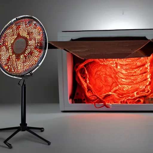 Image similar to a large box made out of flesh, skin, blood, clumps of hair, lights, led, computer, spinning fan,
