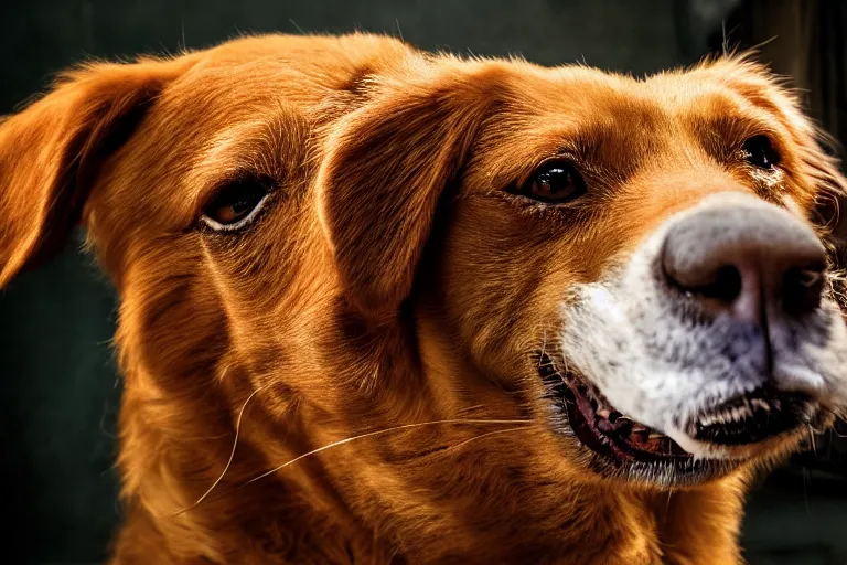 Image similar to closeup potrait of orange dog with bulgy eyes, licking its own nose, photograph, natural light, sharp, detailed face, magazine, press, photo, Steve McCurry, David Lazar, Canon, Nikon, focus