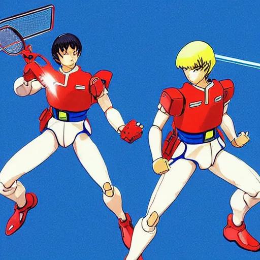 Prompt: illustration of gundam action figures playing badminton by ilya kuvshinov katsuhiro otomo