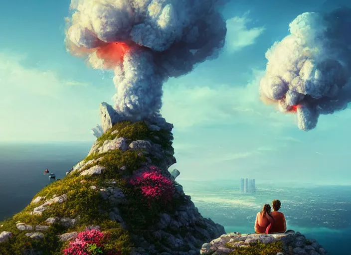 Prompt: a couple sitting on top of a rock covered hillside with flowers watching a nuclear explosion in a nearby city skyscrapers, a detailed matte painting by filip hodas, cgsociety, fantasy art, artstation hq, vfxfriday, dystopian art