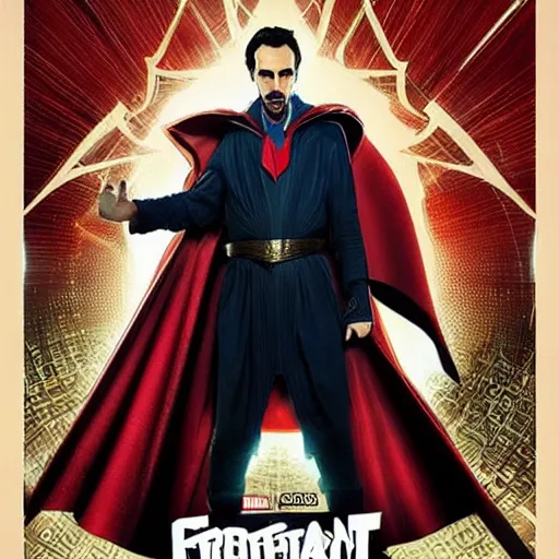 Image similar to “borat as dr strange, poster, highly detailed, dynamic poster, marvel, sci-fi, super heroes, concept art, borat, Sacha Baron Cohen”