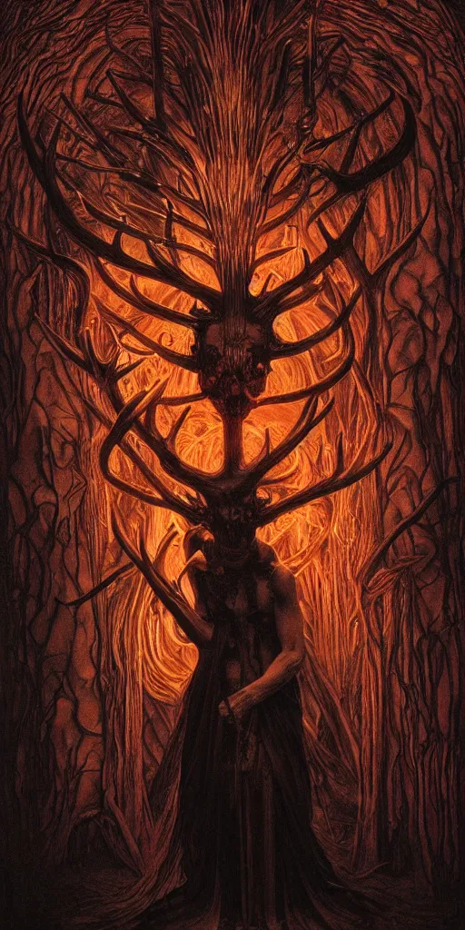 Image similar to intense glowing black metal pagan god with veins and antlers and intense pure black eyes and a blood skull in very dark wooden cathedral by beksinski and alphonse mucha and artgerm, portrait, fantasy, clear, light beams, lens flare, intense, uhd, amazing depth, cinematic lighting, shining gold and black and red