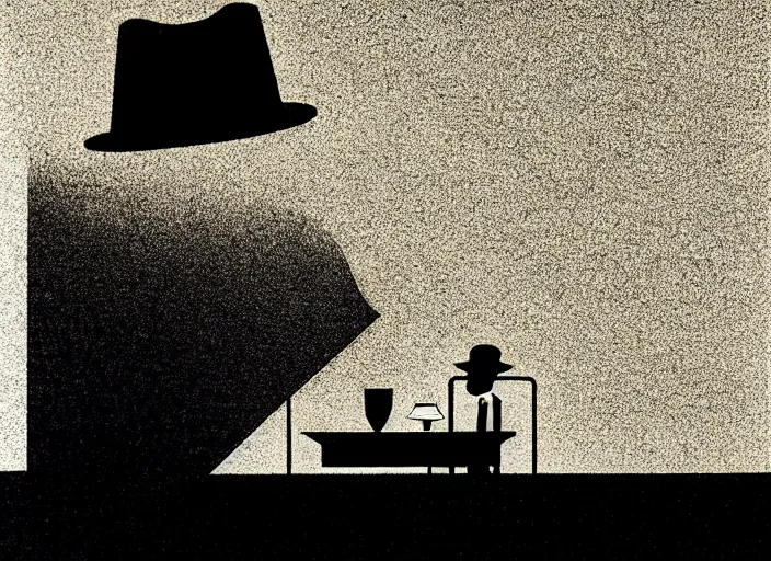 Prompt: (((detective in a hat interogating a suspect at a table))), colorful,bauhaus, Mads Berg, Karolis Strautniekas,small finely stippled light, dramatic lighting,fine texutre, editorial illustration, detailed, matte print, dynamic composition,moody, cinematic, film grain