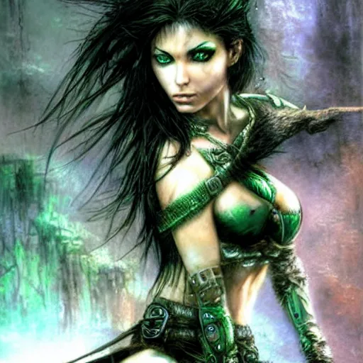 Image similar to female warrior, black hair, gorgeous green eyes, cinematic, by luis royo