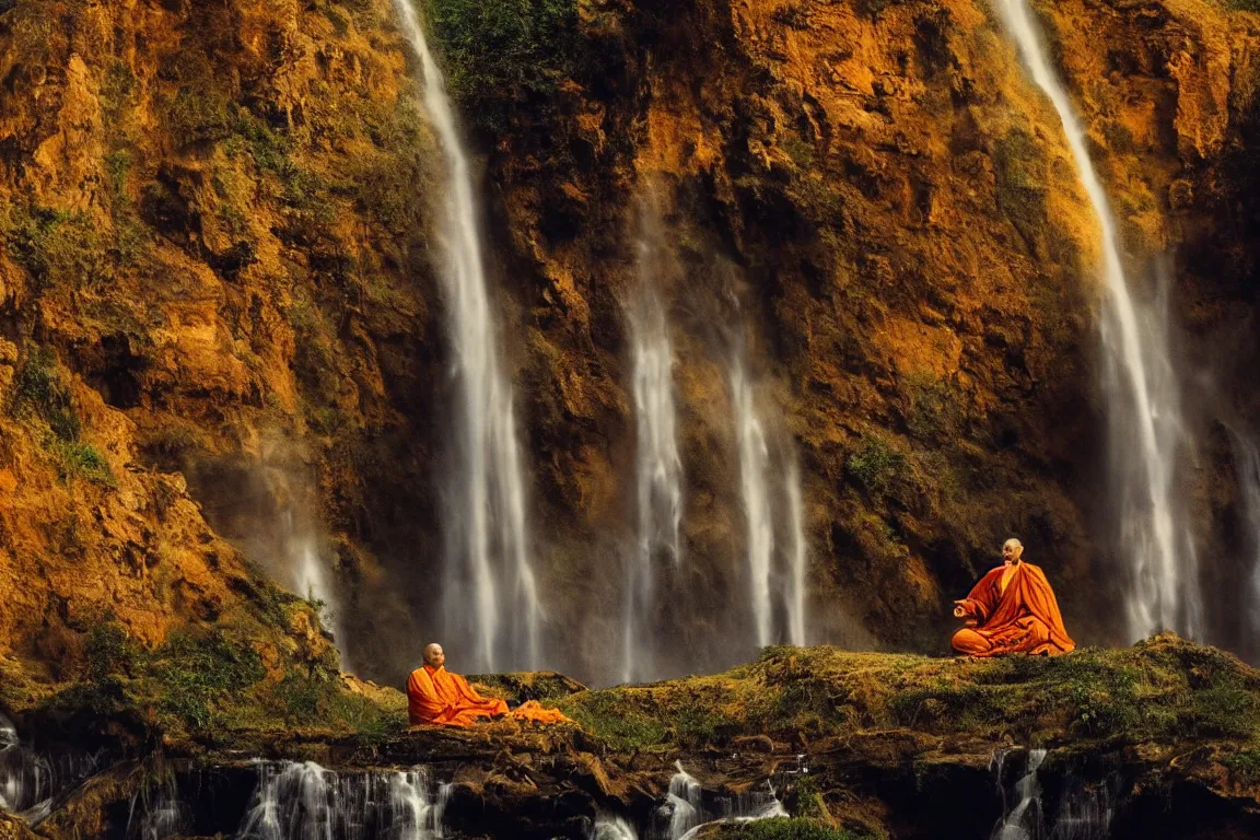 Image similar to dang ngo, annie leibovitz, steve mccurry, a simply breathtaking shot of mediating monk in orange, giantic waterfall, sunshine, golden ratio, wide shot, symmetrical