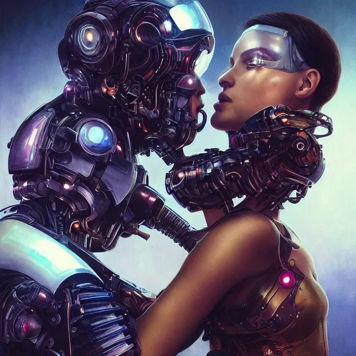 Image similar to ultra realistic medium shot of a couple of cyborgs kissing, lovers, cyberpunk, sci - fi, fantasy, kodak, colour led, soft light, volumetric lighting, night, intricate, highly detailed, digital painting, concept art, smooth, sharp focus, illustration, art by artgerm and greg rutkowski and alphonse mucha