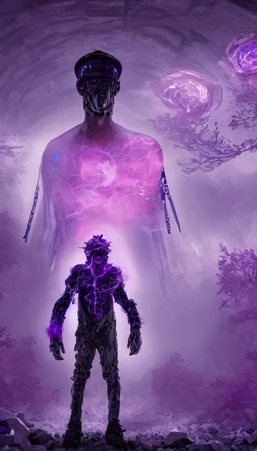 Prompt: a future sci fi ancient god on the middle of a purple forest looking to a young male dressed with streetwear holding a portal that's about to explode, abandoned city with graffiti, sweat drops, insane, intricate, highly detailed, voxel art, smooth, sharp focus, Unreal Engine 5, 8K, art by Diego Velázquez