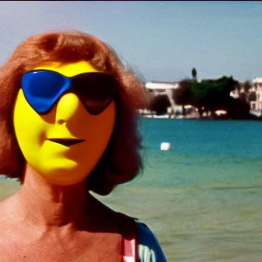 Image similar to 1976 middle aged woman wearing a transluscent inflatable toy head at the seaside 1976 French film archival footage technicolor film expired film 16mm Fellini new wave John Waters