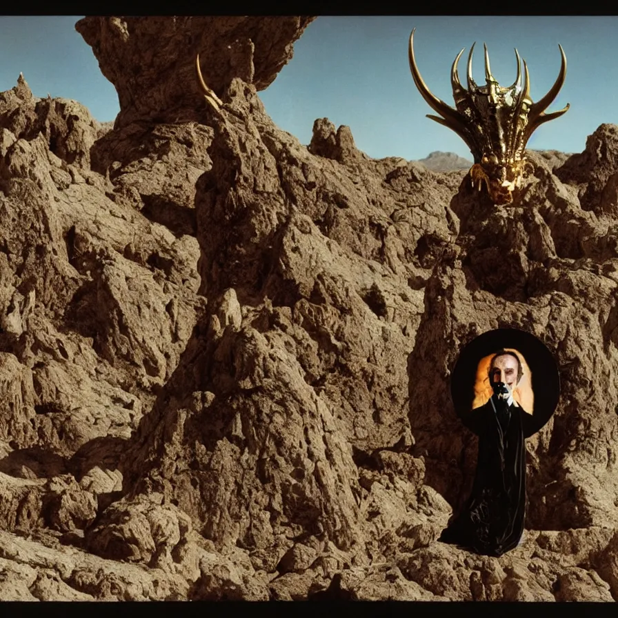 Prompt: portrait of salvador dali wearing a horned crown and costume with jewels in a dry rocky desert landscape, alien spaceship by giger, film still from the movie by alejandro jodorowsky with cinematogrophy of christopher doyle and art direction by hans giger, anamorphic lens, kodakchrome, very detailed photo, 8 k