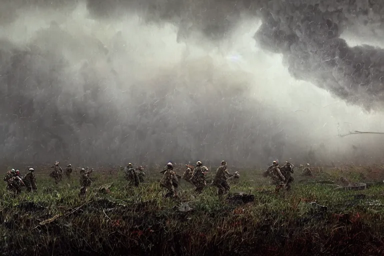 Image similar to chaotic battlefield, multiple soldiers!, thick dark smoke!, vehicles on fire, heavy rain from thick clouds, storm, overgrowth, forest, (mushroom cloud) in the background, bleak, melancholy atmosphere, band of brothers, bf1942, 4k impressionism painting by Gregory Crewdson and Grzegorz Domaradzki and Ivan Shishkin and Jakub Rozalski