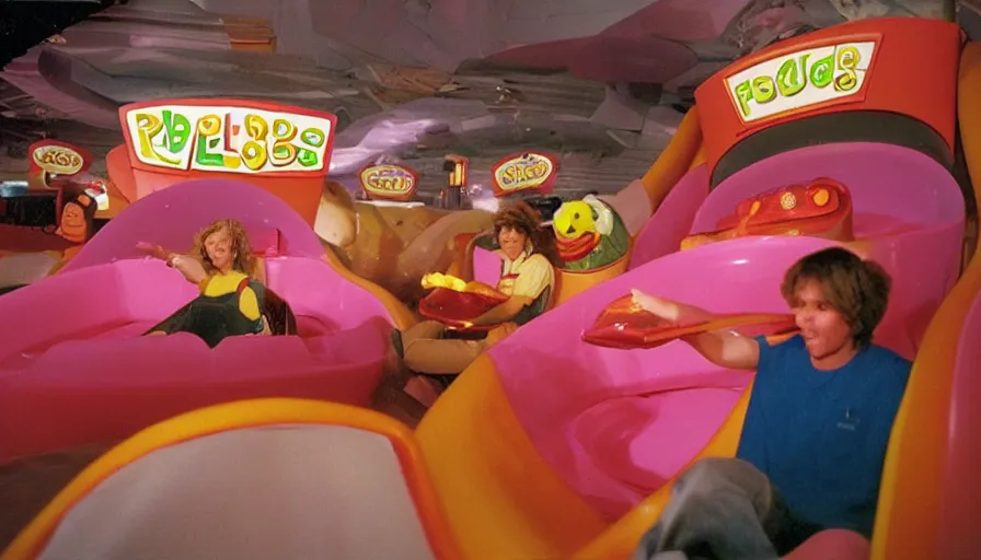 Image similar to 1990s photo of inside the Jello Friends Mouse Slide Show ride at Universal Studios in Orlando, Florida, riding a hotdog through a pizza slime arcade, cinematic, UHD