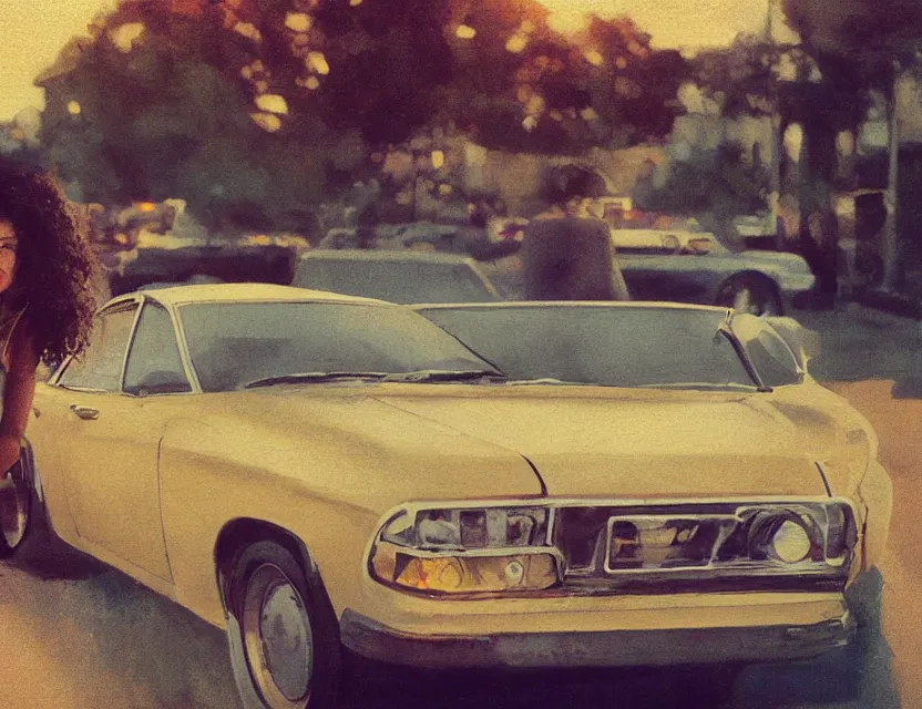 Prompt: girl sitting on a bumper of a car, in front of motel in the early morning, long distance photo, golden hour, bleach bypass, warm tones, beige colors, sunlight, digital 2 d, soft lights, polaroid, high - key lighting, by lisa yuskavage, by serov valentin, by krenz cushart